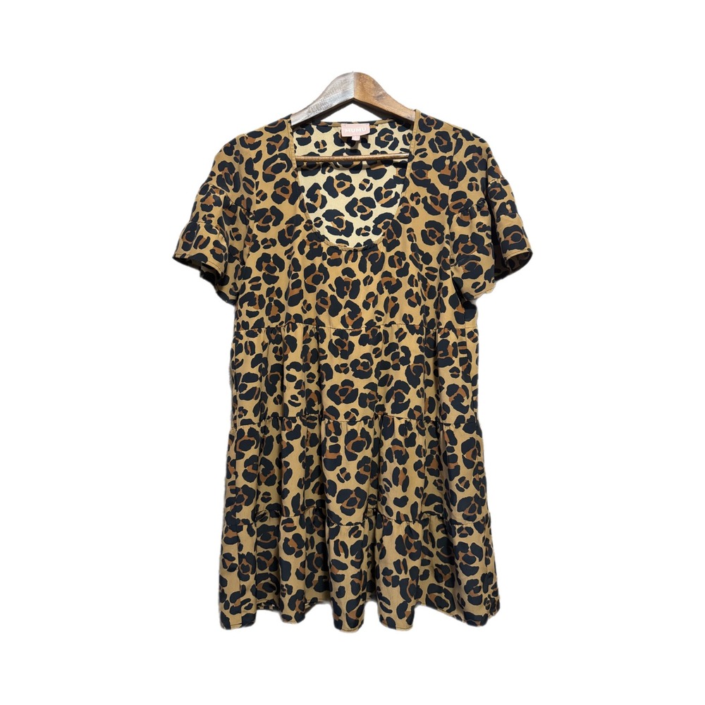 Show Me Your Mumu Dress Womens S Tan Leopard Tiered Ruffle Mini Excellent